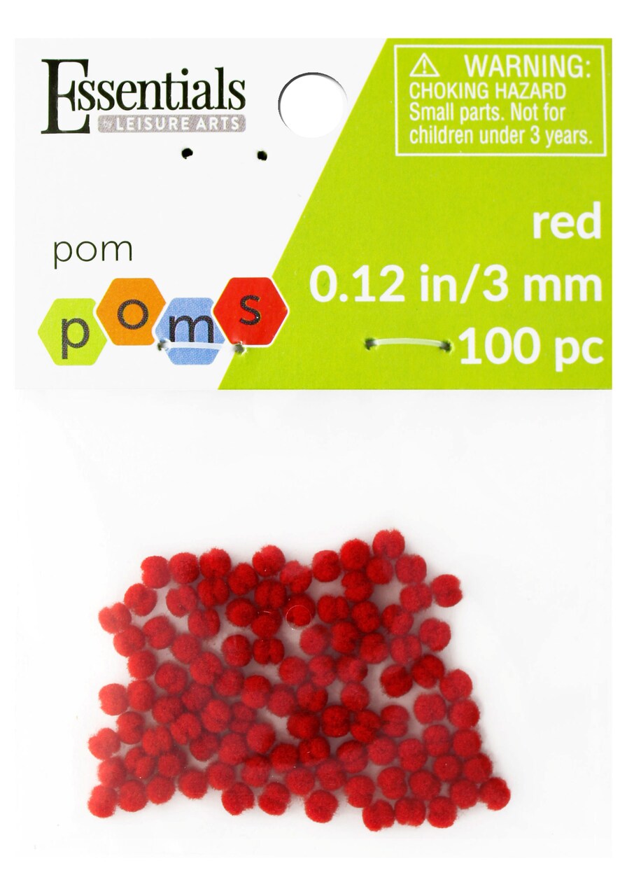 Essentials by Leisure Arts  Pom Poms - Red - 3mm - 100 piece pom poms arts and crafts - red pompoms for crafts - craft pom poms - puff balls for crafts
